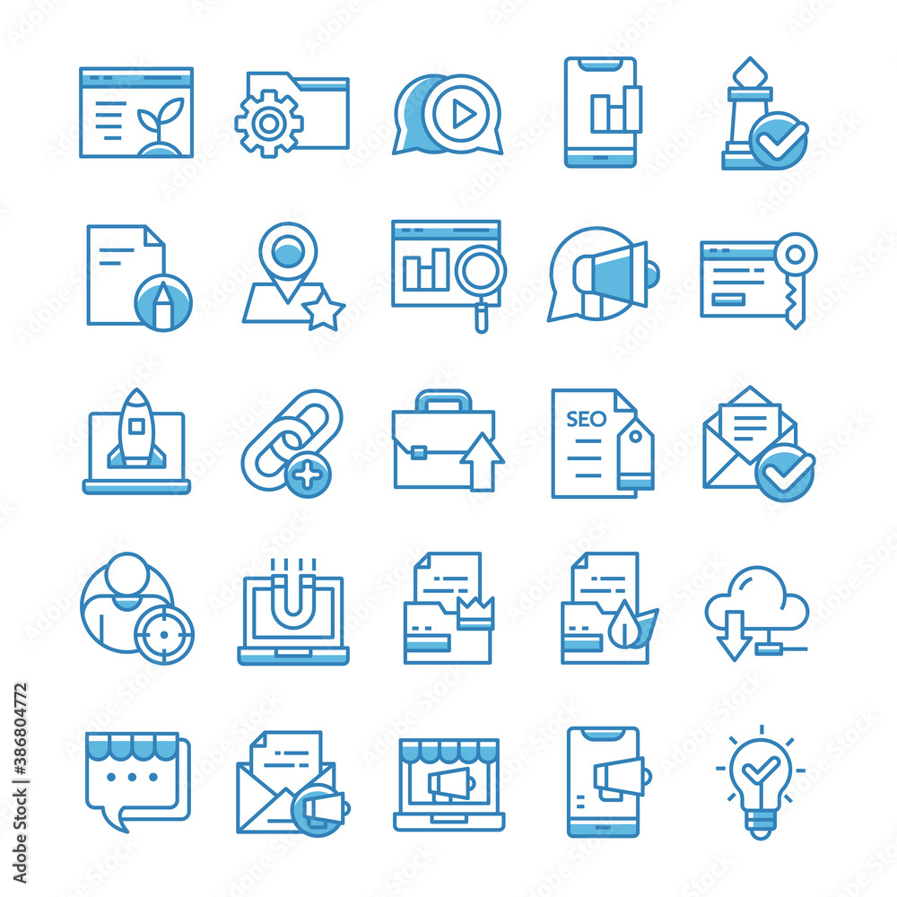 Set of SEO icons with blue style. Set of SEO icons with blue style.