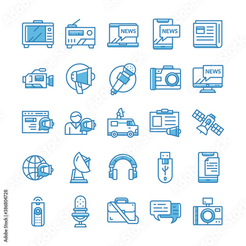 Set of Mass media icons with blue style.
