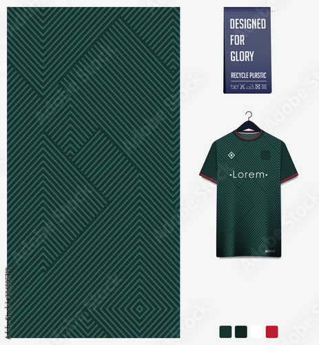 Fabric pattern design. Geometric pattern on green background for soccer jersey, football kit or sports uniform. T-shirt mockup template. Abstract sport background.