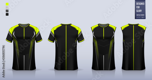 Black Green T-shirt sport, Soccer jersey, football kit, basketball uniform, tank top, and running singlet mockup. Fabric pattern design. Vector.