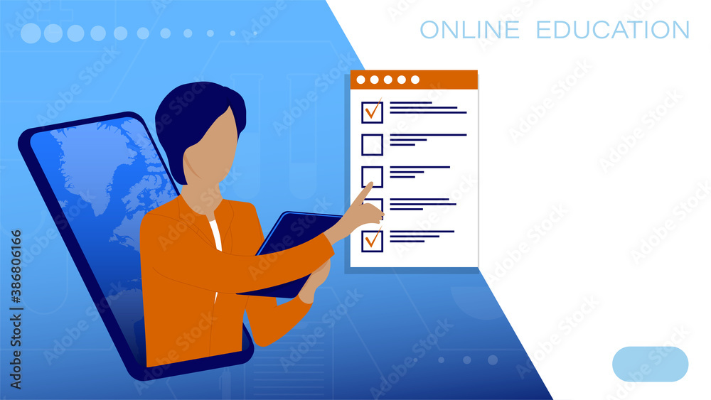 Online education, learning. Teacher conducts lesson online from smartphone. Explains teaching material. Student takes exam using checklist from smartphone on Internet. Vector Online education, learning. Teacher conducts lesson online from smartphone. Explains teaching material. Student takes exam using checklist from smartphone on Internet. Vector