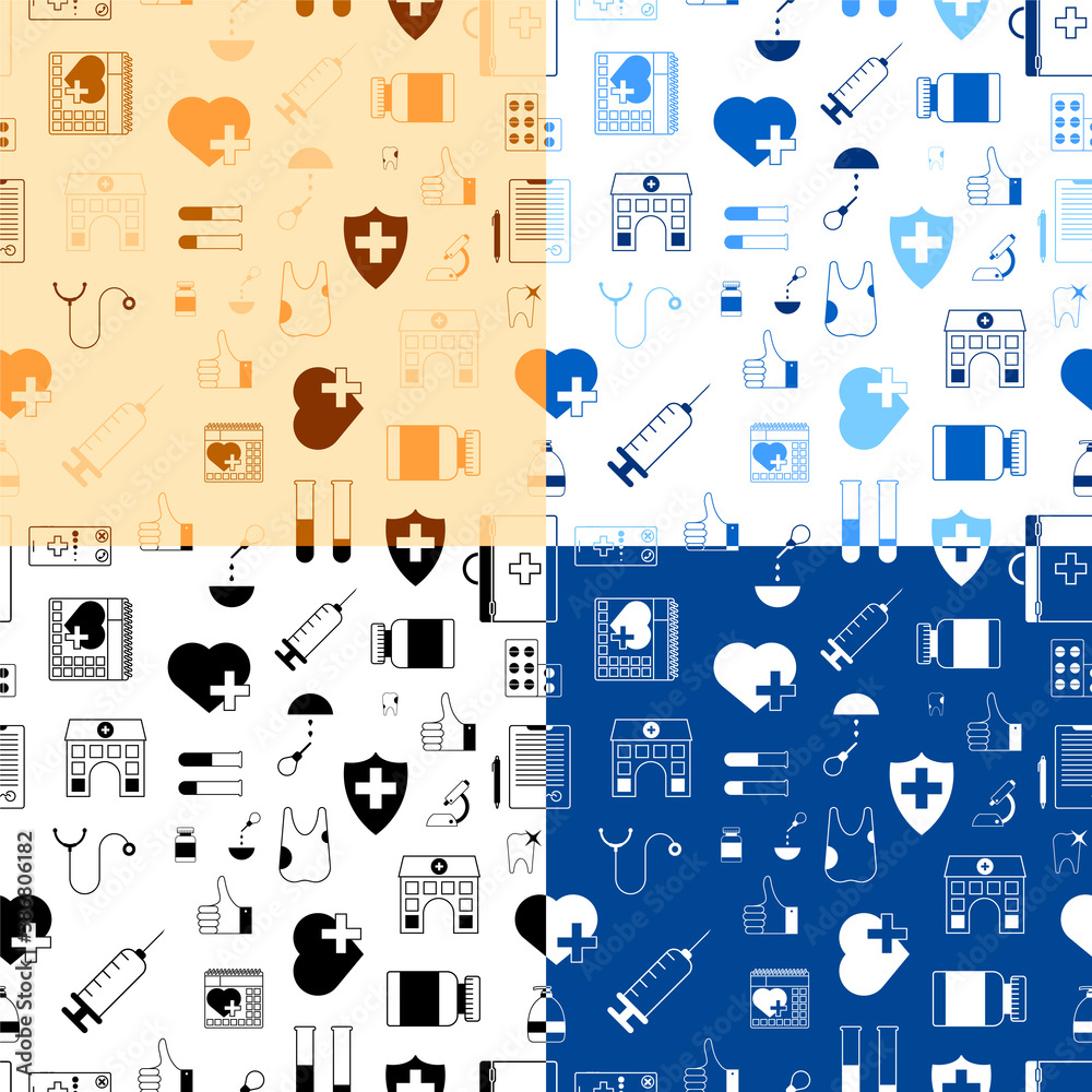 Fototapeta premium Set of seamless patterns with medical icons. First aid kit, stethoscope, pills, syringe, tooth, microscope, test tubes, hospital, doctor conclusion. Vector