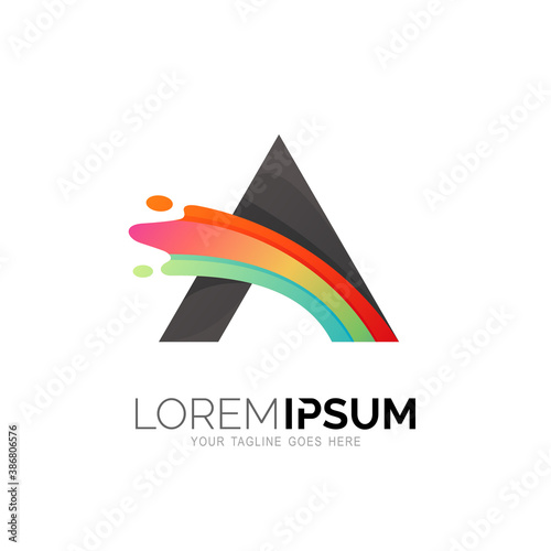 Letter A logo with colorful paint icon, water swoosh logos