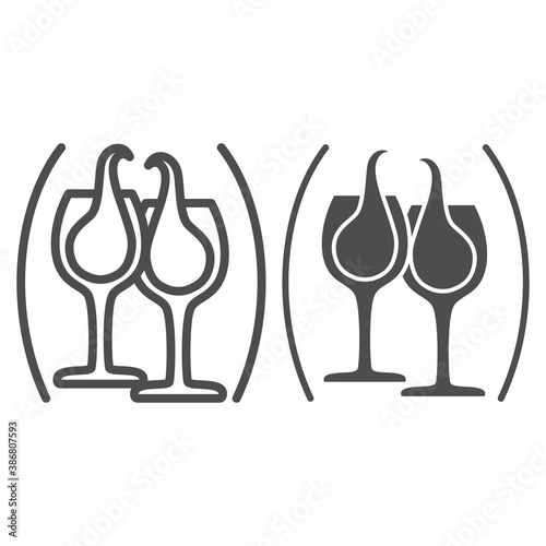Clinking glasses with wine line and solid icon, Wine festival concept, glasses of champagne sign on white background, Splashing wine icon in outline style for mobile and web design. Vector graphics.