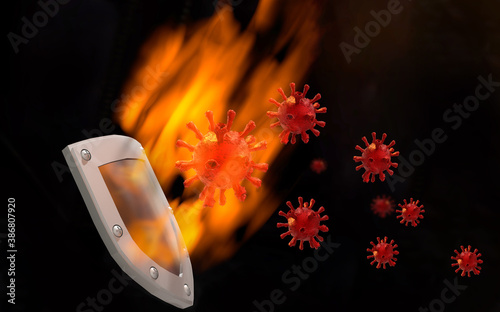 coronavirus covid-19 attack and protection shield fire flames in black background high proetection  - 3d rednering photo