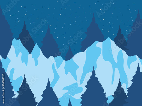 Wallpaper Mural night winter landscape with snowy mountains and silhouette of pine trees Torontodigital.ca