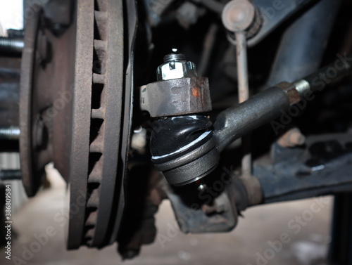 A close up of the car steering system