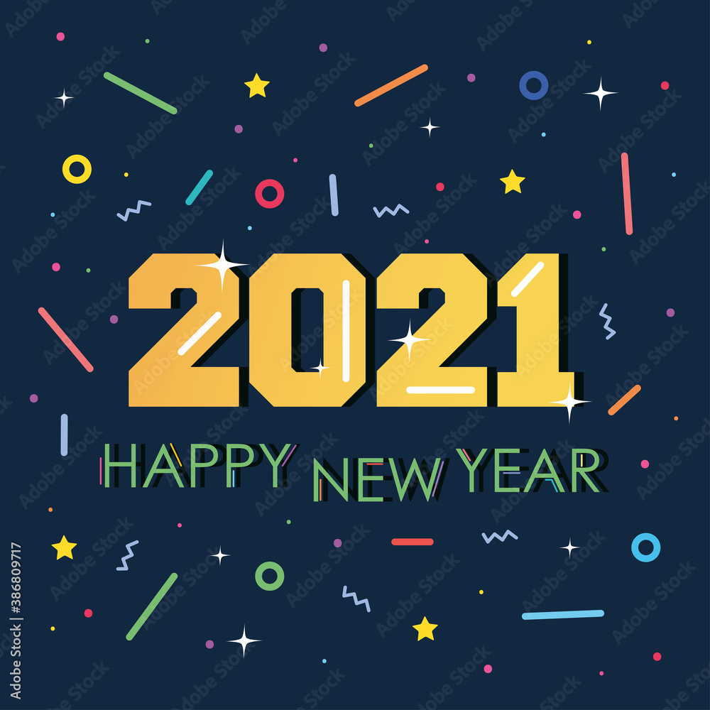 Naklejka premium 2021 happy new year greeting card bright numbers memphis geometric black background