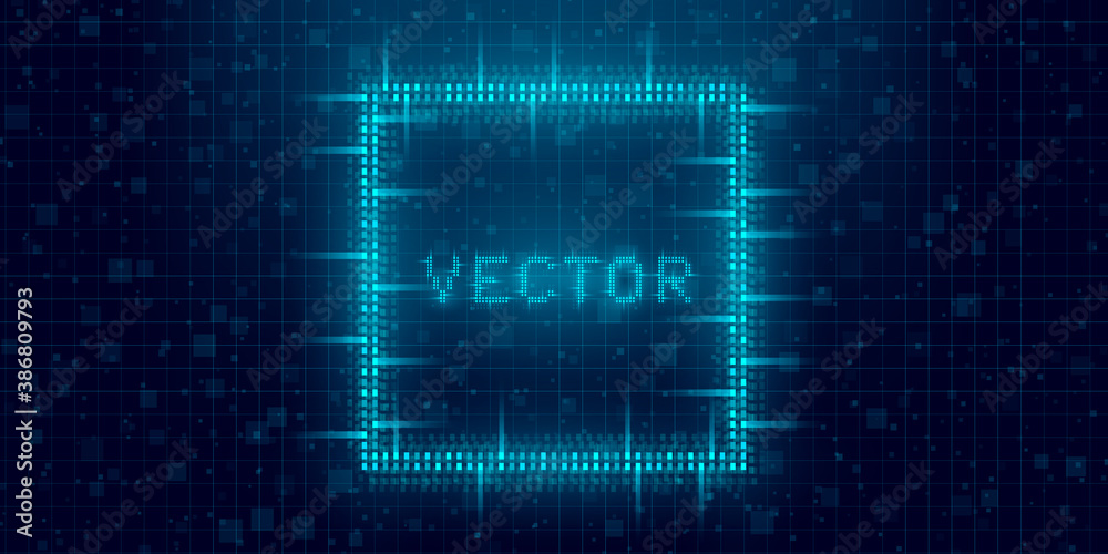 Futuristic cyberpunk glitch rectangle. Blue glowing digital square. 8 bit quadrate. Background design for promo electronic music events and game titles. Vector
