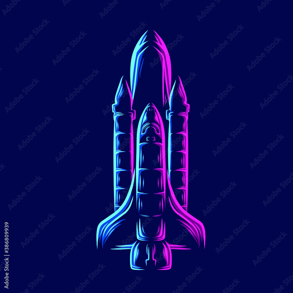 Rocket the galaxy spaceship  line pop art portrait logo colorful design with dark background. Abstract vector illustration. New graphic style