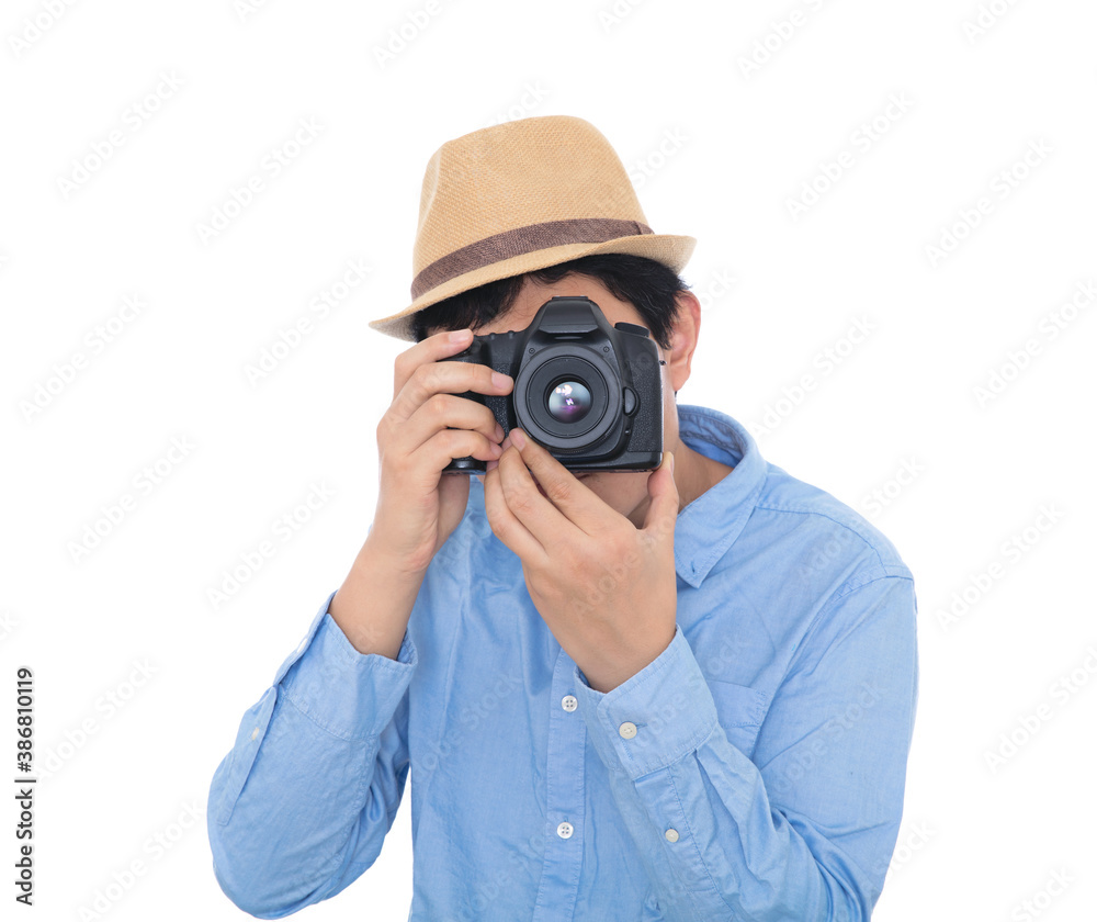 Creative male photographer in front of white background Creative male photographer in front of white background