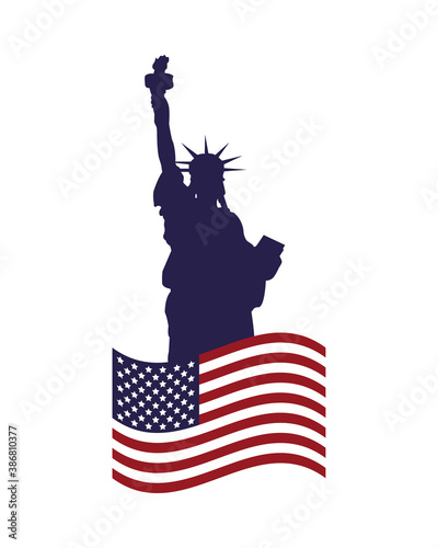 liberty statue with united states of america flag