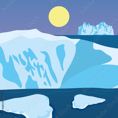 Vector illustration of cartoon nature winter arctic night landscape with icebergs