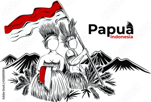 Papuans are waving Indonesian flags. Natural background of Papua province, Indonesia. photo