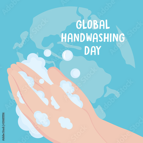 global handwashing day, map and person washing hand