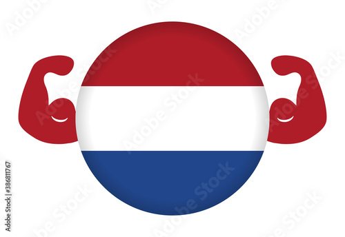 強いオランダのイメージイラスト（円形のオランダ国旗と力こぶ）