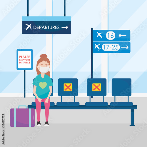 airport new normal, girl with mask sitting keep social distance