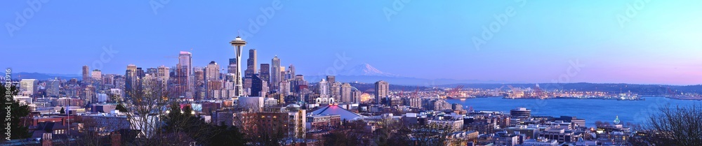 Panoramic View of Seattle Skyline Sunset Panorama.