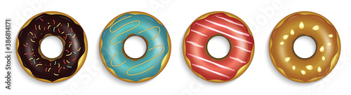 Illustration of four delicious donuts with various toppings, isolated on white background. Vector stock.