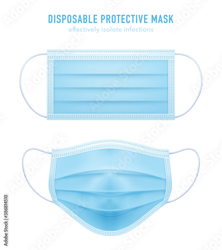 3d realistic vector disposable protective mask. Blue surgical, medical respiratory face mask isolated on white. Coronavirus protection, anti-dust, anti-bacteria, anti-exhaust gas.
