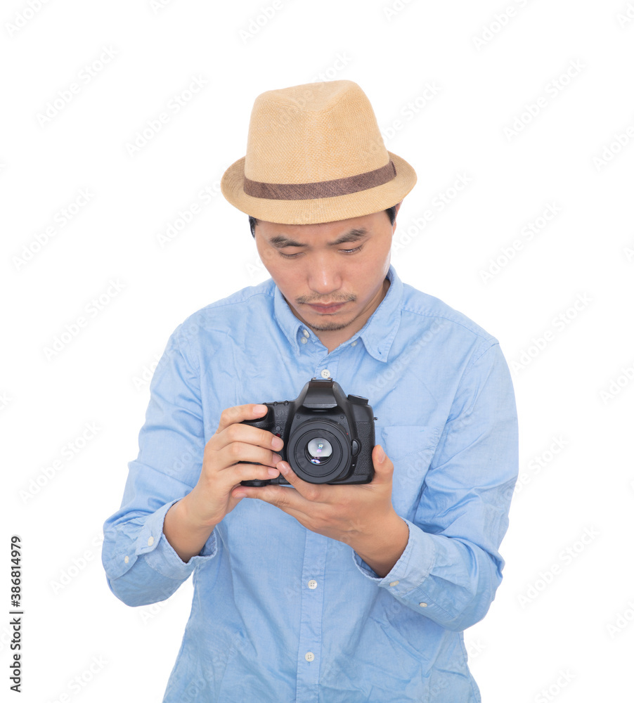 Photographer operating SLR camera Photographer operating SLR camera
