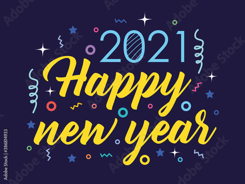 2021 happy new year, hand drawn font and memphis geometric dark background