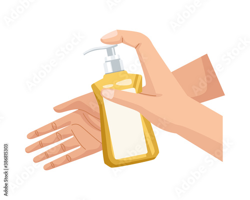 hands washing cleaning with antibacterial soap bottle