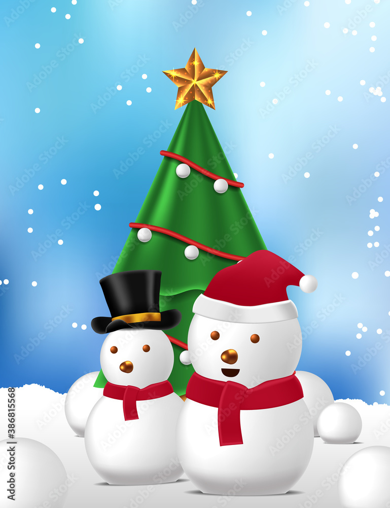 decoration christmas tree and snowman cute for merry christmas greeting card