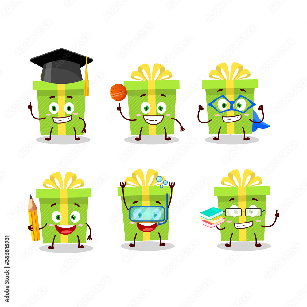 School student of green christmas gift cartoon character with various expressions