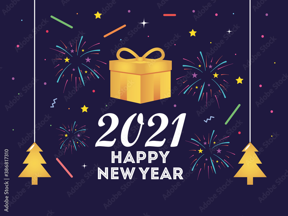 Naklejka premium 2021 happy new year creative card gold gift hanging trees and fireworks