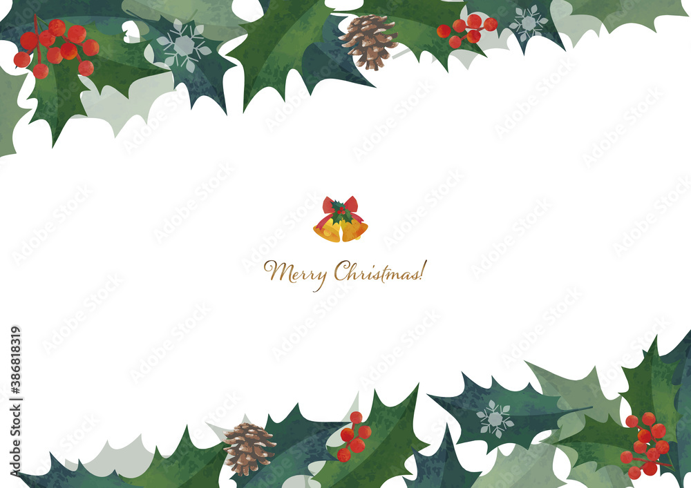 クリスマスフレーム 柊の飾り枠 上下斜めに装飾 水彩イラスト ロゴ入り 横長 A3 比率 Stock Vector Adobe Stock