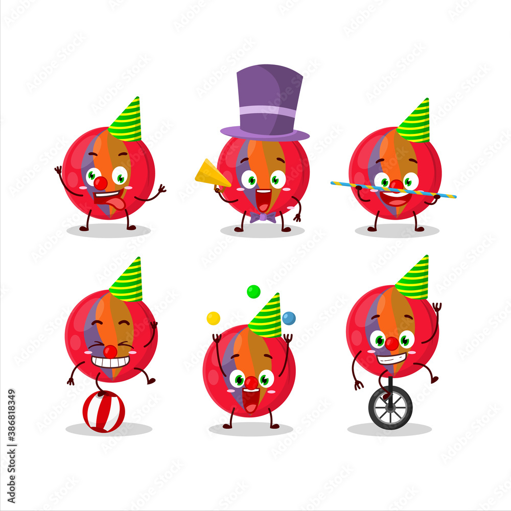 Cartoon character of red marbles with various circus shows