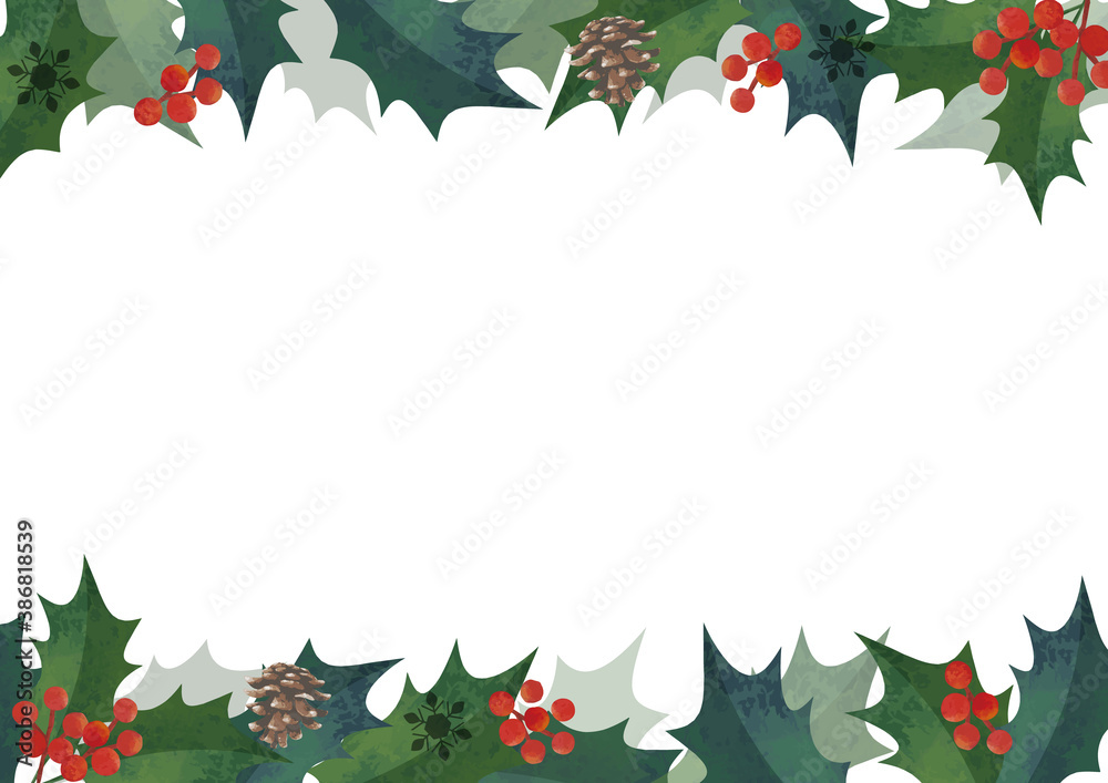 クリスマスフレーム 柊の飾り枠 上下に装飾 水彩イラスト ロゴ無し 横長 A3 比率 Stock Vector Adobe Stock