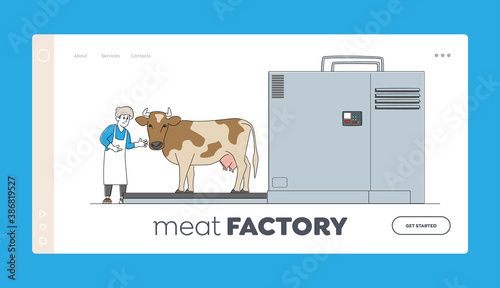 Male Character Working on Meat Factory Landing Page Template. Cow Stand on Processing Line before Carcass Cutting