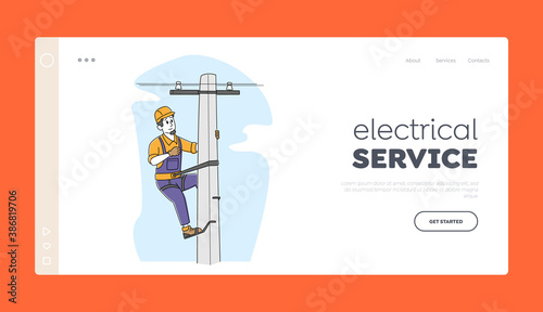 Energy Powerline or Electricity Line Pole Landing Page Template. Electrician Worker Character Climbing on Electric Tower
