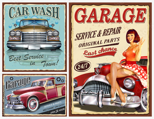 Set of vintage car metal signs,Garage, Filling Station,Car Wash retro poster.