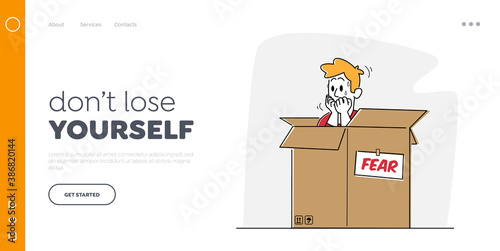 Psychological Health Problems, Illness Landing Page Template. Panic Attack Mental Sickness. Male Character Hiding in Box