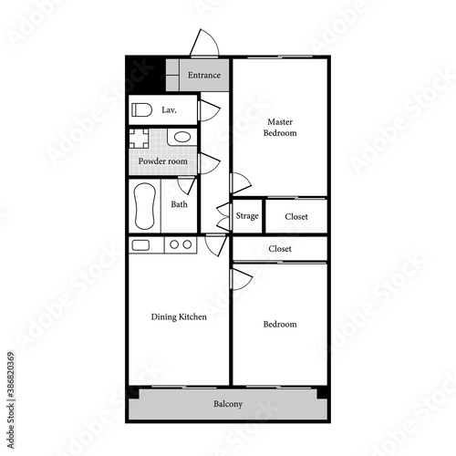 Apartment sample layout. 2 Bedrooms, 1 bathroom.