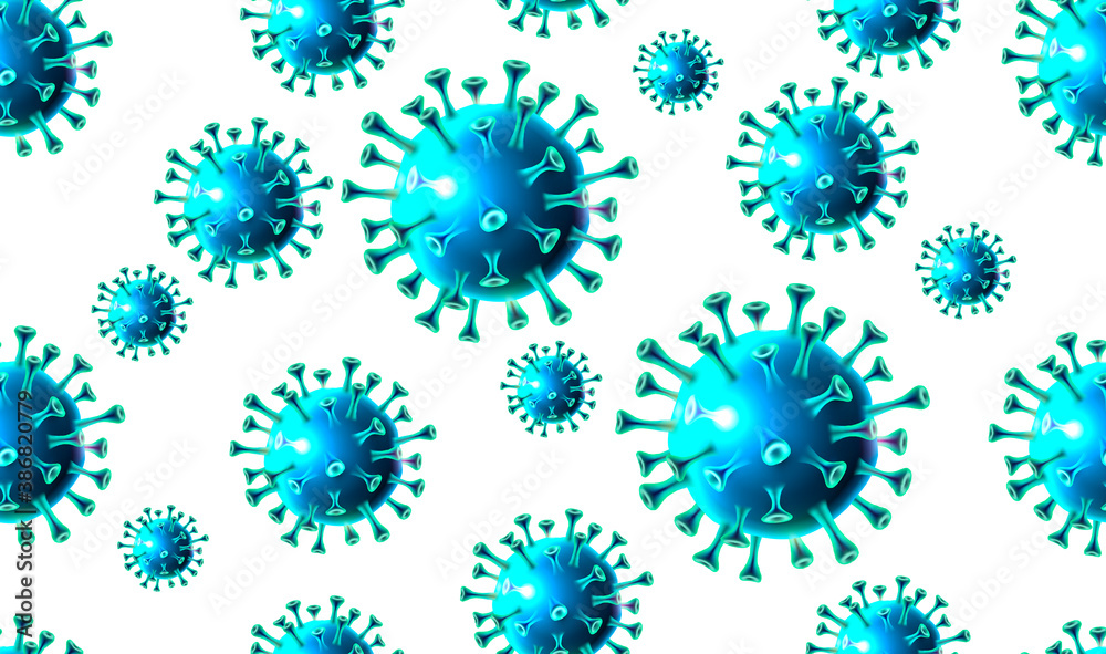 Design of a coronavirus outbreak with a viral cell in microscopic form. Illustration template on the topic of a dangerous SARS epidemic for an advertising banner or leaflet. Design of a coronavirus outbreak with a viral cell in microscopic form. Illustration template on the topic of a dangerous SARS epidemic for an advertising banner or leaflet.