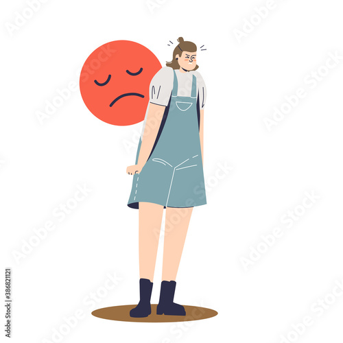 Sad and depressed woman suffering from pms syndrome. Cartoon girl in bad mood