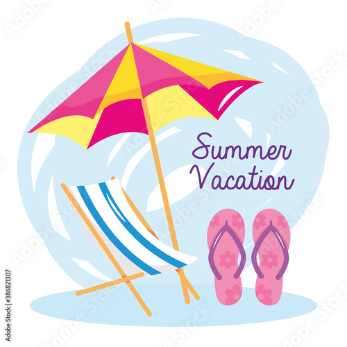 summer vacation travel, chair umbrella and flip flops