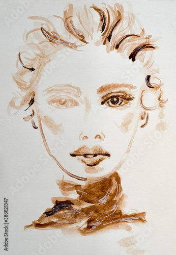 Fototapeta Naklejka Na Ścianę i Meble -  Woman abstract hand drawn watercolor portrait.