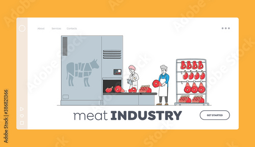 Meat Factory Manufacture Landing Page Template. Employees Control Production Quality, Beef Cutting Lying on Conveyor