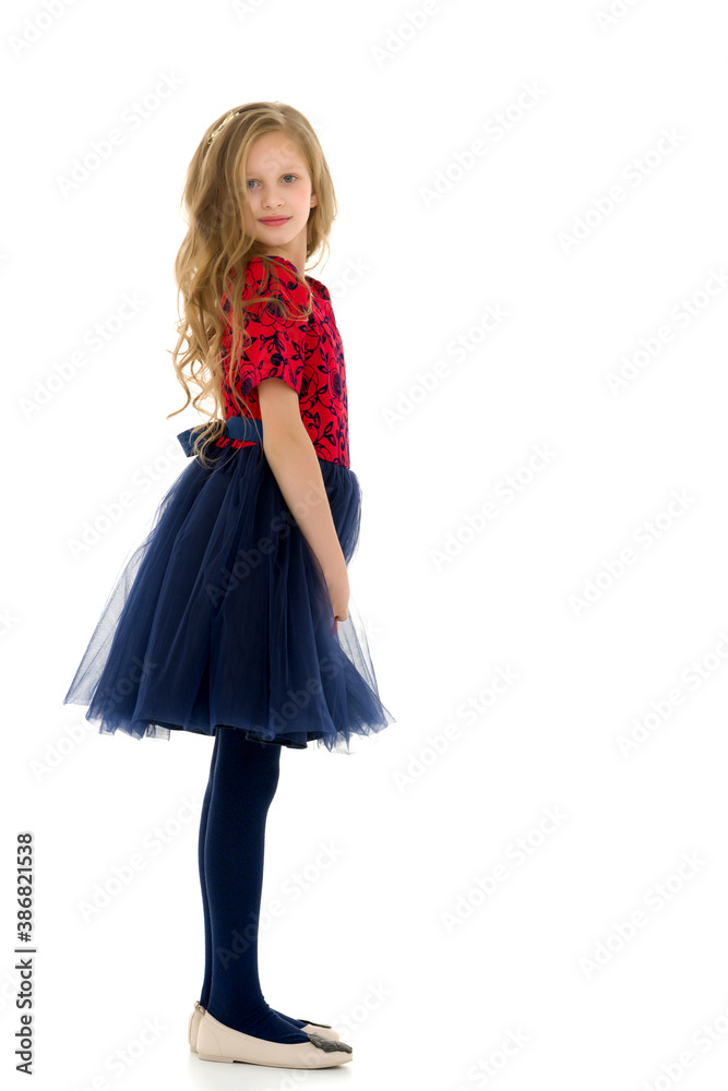 Side View of Cute Pretty Girl Wearing Nice Dress with Blue Tulle Side View of Cute Pretty Girl Wearing Nice Dress with Blue Tulle