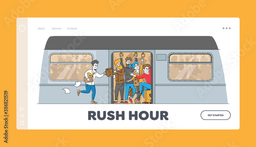 Man Run in Subway Platform to Crowded Train in Rushtime Landing Page Template. Characters Pushing Each Other in Metro