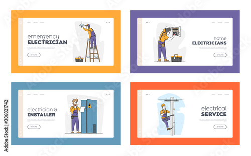 Electricians Work Landing Page Template Set. Male Characters Climbing on Transmitting Tower, Change Burnt Lamp