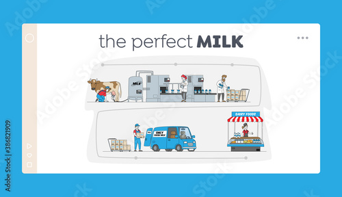 Characters Manufacturing Milk Production Landing Page Template. Farm Industry, Stage Process on Conveyor, Dairy Plant
