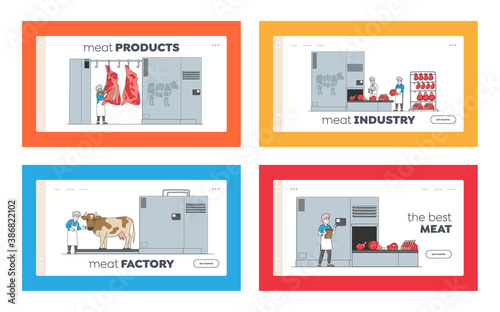 Characters Manufacturing Meat Production Landing Page Template Set. Farm Industry, Stage Process on Conveyor, Beef