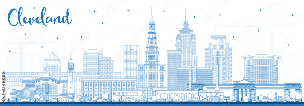 Outline Cleveland Ohio City Skyline with Blue Buildings.