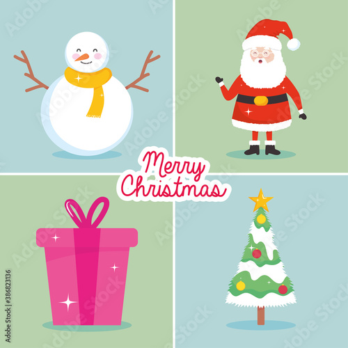 merry christmas and snowman icon set, colorful design